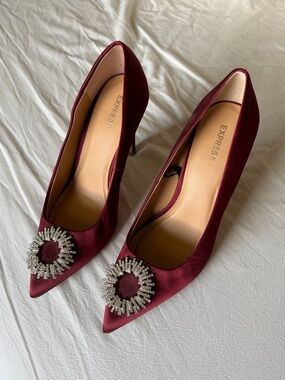 Express Burgundy Satin Pointed Heels with Crystal Medallion